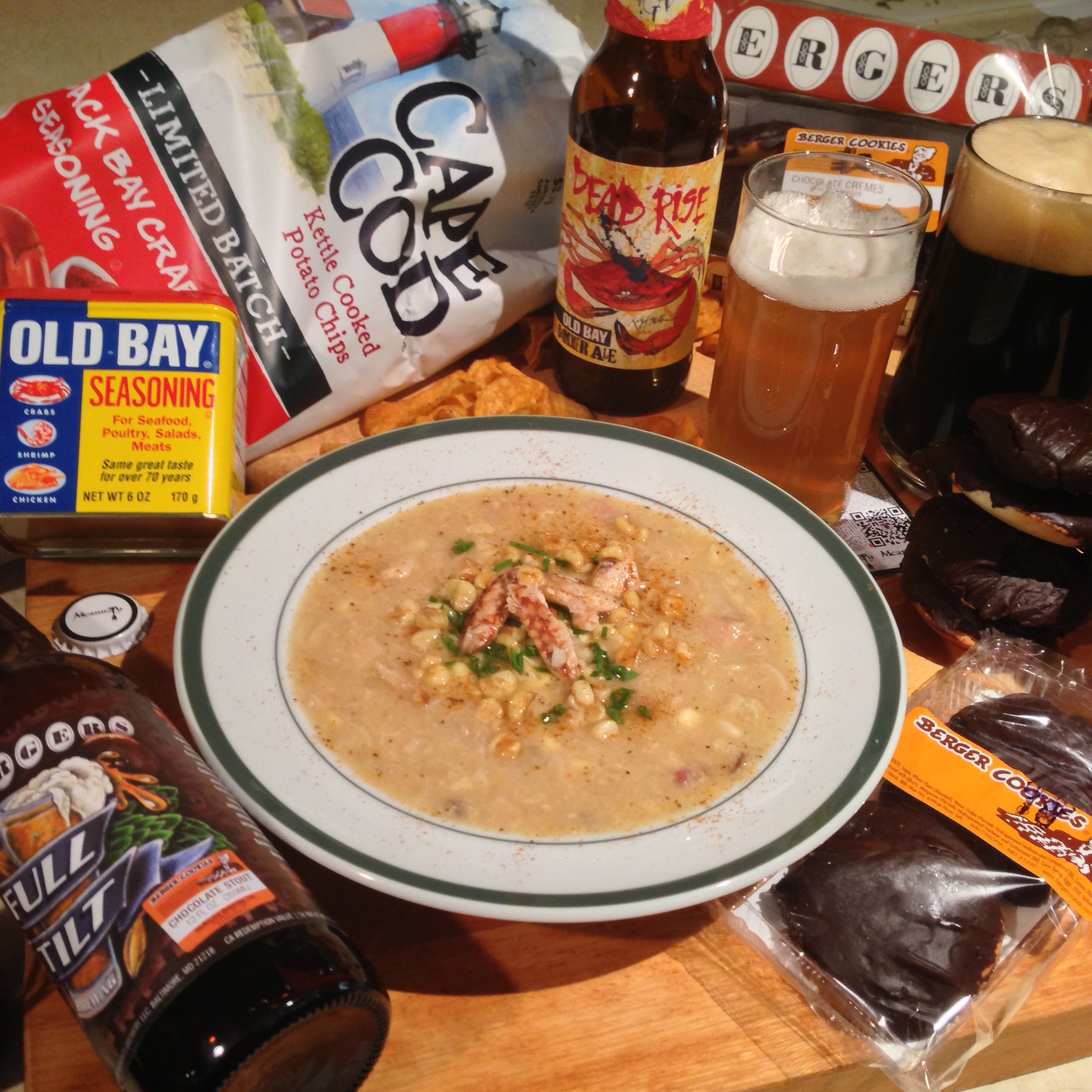 Corn and Crab Chowder Berger Cookie Chocolate Stout