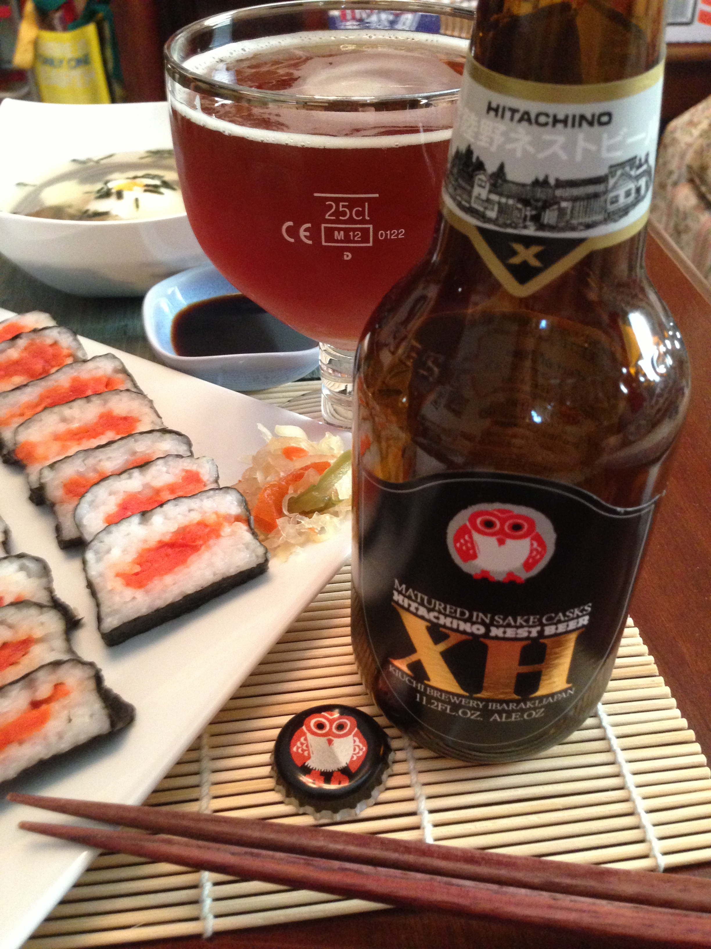 Salmon Oshizushi and Nigiri Sushi with Tsukimi Soba Noodle Soup Close Up