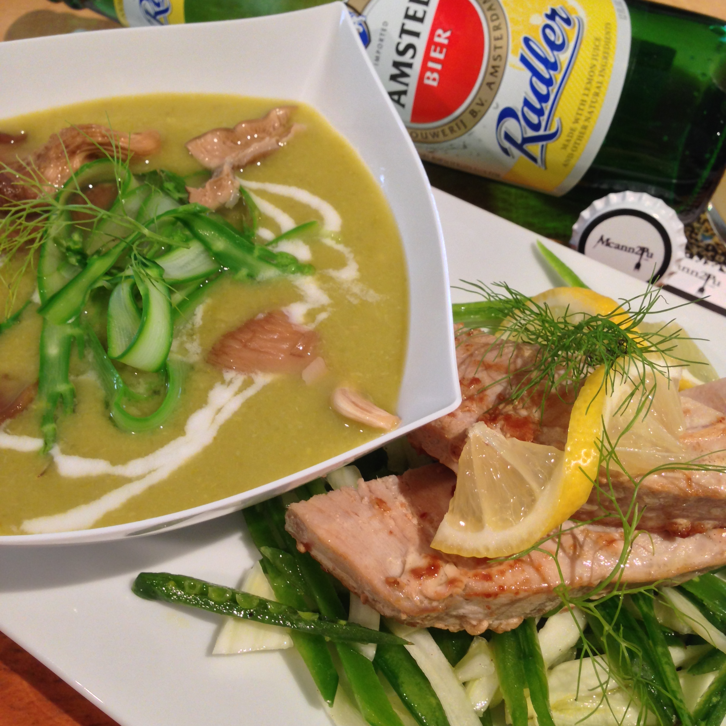 Seared Tuna Steak over Fennel-Sugar Snap Slaw with Lemon-flavored Asparagus Avgolemono Soup