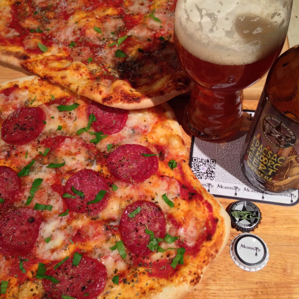 Brick Oven Pepperoni Pizza with beer pairing.