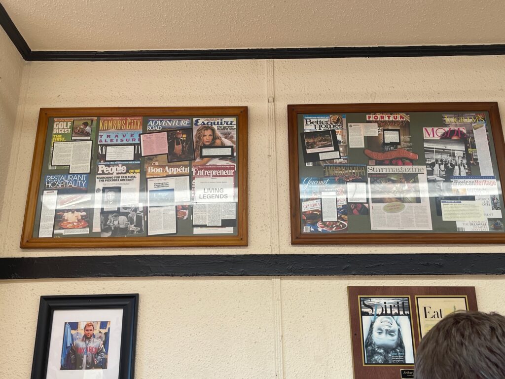 Accolades proudly displayed on the wall at Arthur Bryant’s Kansas City BBQ 
