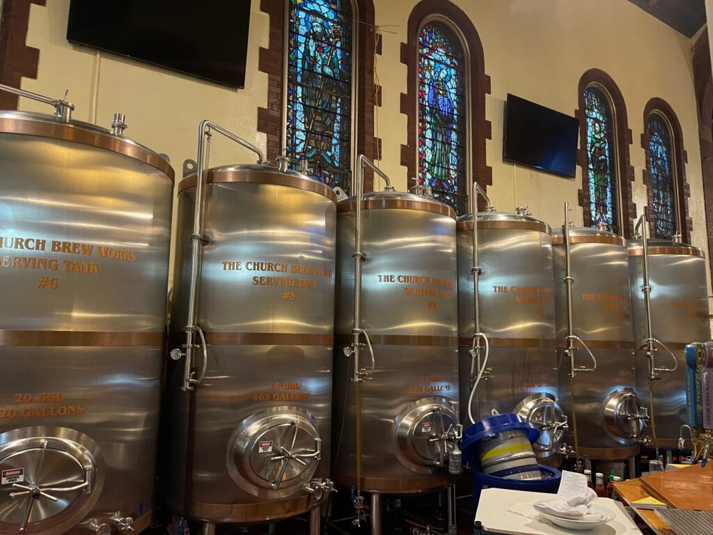 Serving Tanks located in The Church Brew Works, a brew pub located in what formerly was St. John the Baptist Church in Pittsburgh, Pennsylvania.